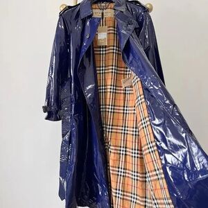 Burberry Glossy Blue Trench Coat with Iconic Lining